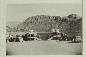 Boat landings at head of Black CAnyon during construction of Hoover Dam