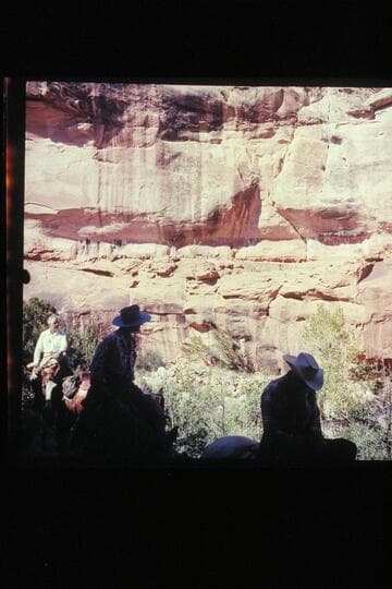 Trail on ledge in Bridge Canyon [photo] used frequently to show the dangers of the trail to the Bridge. John Doerr is at left