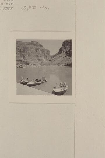 Fleet moored at left bank at Mile 123.  Repairs are being made to the two engines of the "Bootoo."  Preliminary Bright Angel gauge:  49,800 cfs