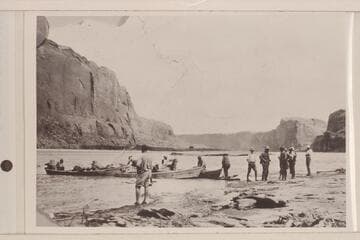 The LaRue party in Glen Canyon in Sept. 1922.  Tom Wimmer was head boatman, Lewis R. Freeman stands left center foreground