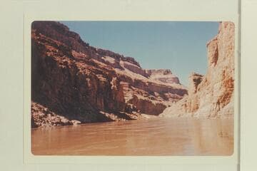 Upriver to side canyon and foot of trail which reaches the river at Mile 30.2