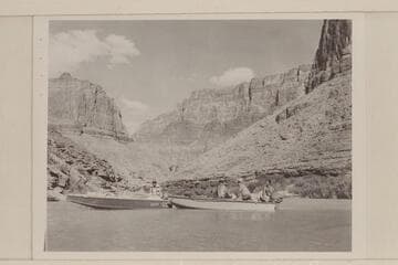 The two outboard boats in the lagoon at the Little Colorado.  Macdonald and Jordan in the lefthand boat, the "June Bug."  Sanderson, Juan, Daniels in the "Twin."