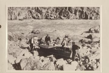 Portage of Aleson's boat, the "Up Lake."  Mile 233 3/4, 234 Mile Rapid.  Swenson; Brown; Aleson; Moore