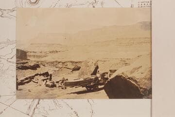 Truck and the boat "Grand" at the south end of the Lees Ferry dugway.  Print from the Freeman collection