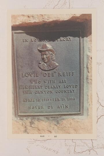 Plaque in memory of Lovie "Dee" Reiff under Navajo Bridge