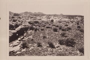 Butte 6069 on skyline at left as it appears from top of flat north of Cha Butte.  The canyon beyond the flat mesa is Bald Rock.  The end of Cummings Mesa is upper right
