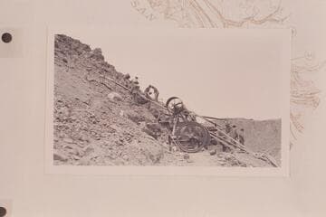 The Spencer operation on the San Juan.  Crushing the Wingate.  Plant at Camp Ibex.  Men at top are feeding rock to the crusher.  The single cylinder Otto gas engine is furnishing the power