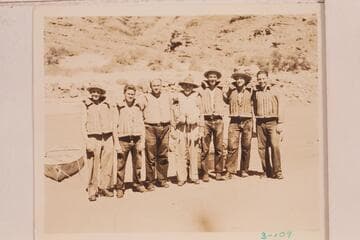 The Dusty Seven at Chuar Creek the morning of July 24, 1934:  Bus Hatch, Royce Mowrey, Russ Frazier, Clyde Eddy, Frank Swain, Bill Fahrni and Alton Hatch.  The flow of the river was so low during their cruise it was dusty