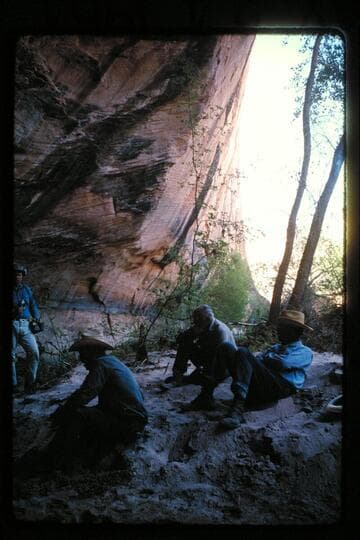 Lunch under overhang in tributary of Halls Creek below Baker's Ranch