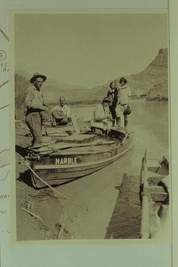Prior to 1923 USGS cruise at Lees Ferry.  Burchard; Moore; Kolb; Catherine Paul; Edith Kolb.  Print from Freeman collection