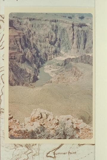 Suspension bridge; mouth of Bright Angel Creek from Sumner Butte