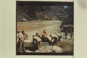 Wright-Stavely sadiron being portaged at foot of Prospect Canyon above Vulcan Rapid