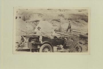 The Zahn party and their Franklin car in Copper Canyon en route from Kayenta to the Zahn Mine on the San Juan River.  "In Copper Canyon showing the rough stuff"
