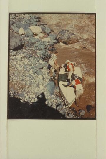 Preparation for portage of sadiron of Wright-Stavely fleet.  Mouth of Prospect Canyon at Vulcan Rapid