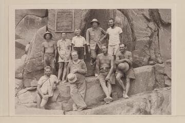 The 1940 Nevills party at the plaque at Separation Rapid.  Lower:  Hugh Cutler, Bona Deason, Charles Larabee, Del Reed.  Upper:  Norm Nevills, Doris Nevills, Millie Baker, John Southworth, Barry Goldwater