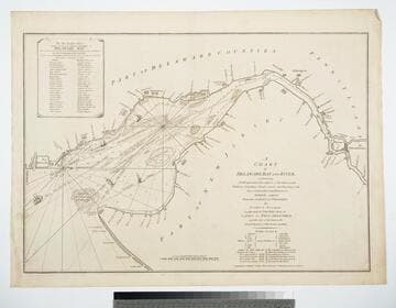 A Chart of Delaware Bay and River, containing A full and exact Description of the Shores, Creeks, Harbours, Soundings, Shoals, Sands, and Bearings of the most considerable Land Marks &c. &c. Faithfully coppied (sic) From that Published at Philadelphia By Joshua Fisher, Together with the Tide Table from the Capes to Philadelphia, and the Set of the Tide on the Several Quarters of the Flood and Ebb