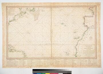 Carte Réduite d'une partie de l'Ocean Atlantique ou Occidental Comprise entre le 13me et le 49me Dégré de Latitutde Septle. et entre le 2me et le 78me Dégré de Longitude a l'Occident du Merider. de Paris. Dressée sur plusiers Observations Astronomiques et d'apres des Déterminations de Longitude faites a la Mer avec les Horloges Marines dans le Campagne de l'Isis en 1768 et 1769 sone le comandnl de Mr. de Fleurieu et dans celle de la Flore en 1771 et 1772 sous le Commandement de monsieur du Verdun de la Crenne Publiée par Ordre du Roi