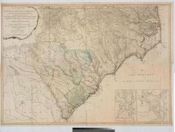 Accurate Map of North and South Carolina with their Indian Frontiers, showing in a distinct manner all the Mountains, Rivers, Swamps, Marshes, Bays, Creeks, Harbours, Sandbanks and Soundings on the Coast, with the Roads and Indian Paths as well as the Boundary or Provincial Lines, the Several Townships and other divisions of the Land in Both the Provinces; the whole from Actual Surveys by Henry Mouzon and others