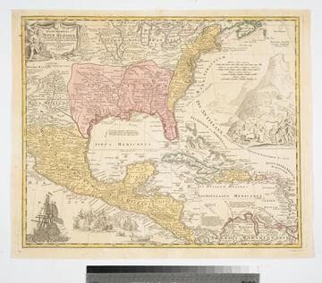 Regni Mexicani seu Novae Hispaniaa Ludovicianae, N. Angliae, Carolinae, Virginiae, et Pensylvaniae nec non insularum archipelagi Mexicani in America Septentrionali accurata tabula exhibita / a Joh. Baptista Homanno