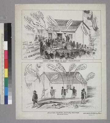 Honest Voters Trying to Elect Their Officers in front of the house [upper] Ballot Box Stuffers, Electing Their Men behind the house [lower]