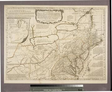 A general map of the middle British Colonies, in America : viz. Virginia, Maryland, Delaware, Pensilvania, New-Jersey, New-York, Connecticut and Rhode Island ; of Aquanishuonigy, the country of the Confederate Indians comprehending Aquanishuonigy proper, their places of residence, Ohio & Thuchsochruntie their deer-hunting countries, Couchsachrage and Skaniadarade, their beaver-hunting countries ; of the Lakes Erie, Ontario and Champlain ; exhibiting the antient & present seats of the Indian Nations / published by Lewis Evans at Philadelphia ; corrected and improved with the additions of the line of forts on the back settlements ; by Thos. Jefferys Geographer to the King