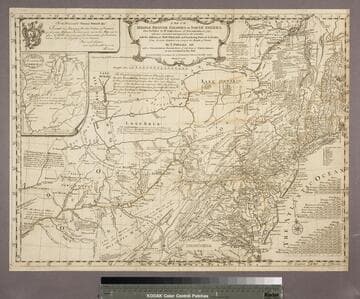 A map of the middle British Colonies, in North America : first published by Mr. Lewis Evans, of Philadelphia, in 1755 ; and since corrected and improved, as also extended, with the addition of New England, and bordering parts of Canada ; from actual surveys now lying at the Board of Trade / By T. Pownall MP ; with a topographical description of such parts of North America as are contained in this map. Printed and published according to Act of Parliament for J. Almon in Piccadilly, London, March 25th. 1776