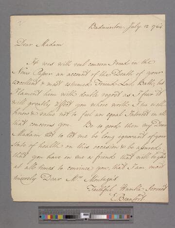 Somerset, Elizabeth (Berkeley), Duchess of Beaufort and suo jure Baroness Botetourt. Letter to Elizabeth (Robinson) Montagu