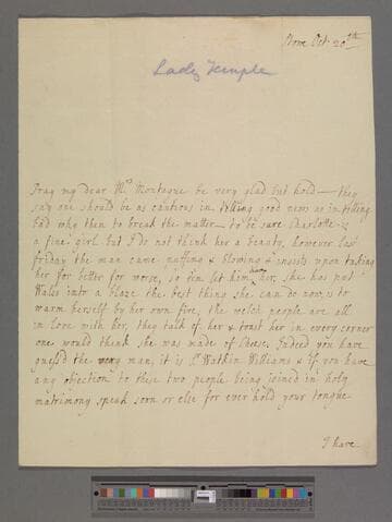 Grenville-Temple, Anna (Chambers), Countess Temple. Letter to Elizabeth (Robinson) Montagu