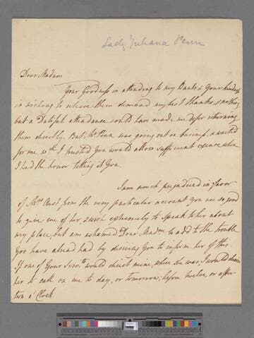 Penn, Lady Juliana (Fermor). Letter to Elizabeth (Robinson) Montagu