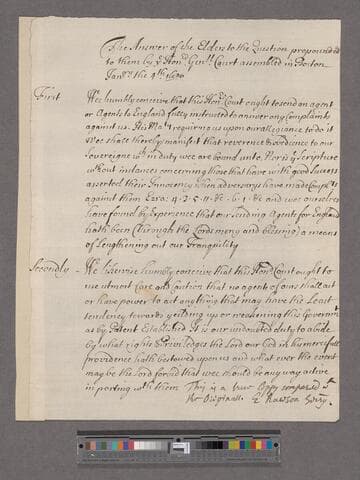 Congregational Churches of Massachusetts. Elders . The Answer of the Elders to the Question propounded to them by ye Hond. Genll. Court