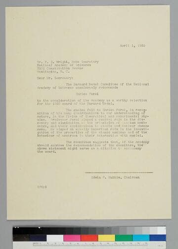 EPH, as chairman of the Barnard Medal Committee, writes to Frederick Wright