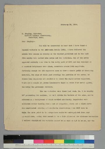 EPH writes to astronomer Harlow Shapely