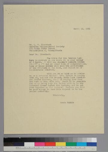 EPH writes to L. P. Eisenhart of the American Philosophical Society