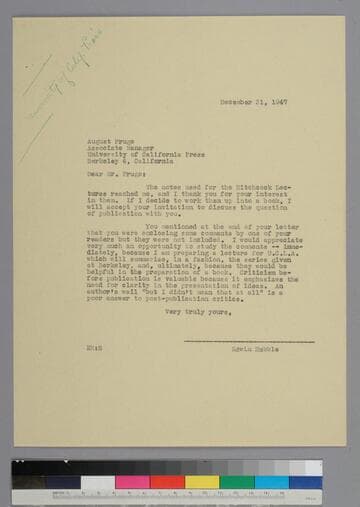 EPH writes to August Frugé of the University of California Press