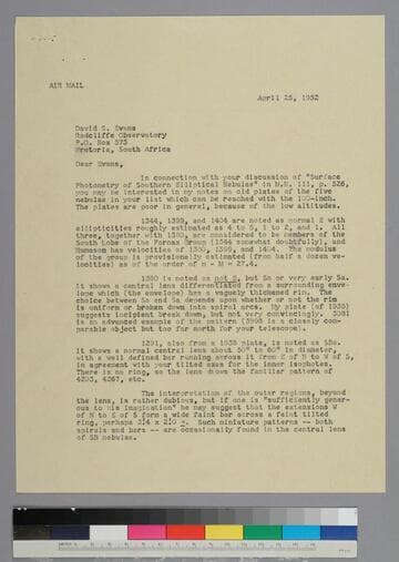 EPH writes to astronomer David Evans of the Radcliffe Observatory in Pretoria