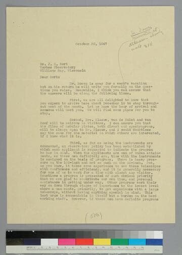 EPH writes to astronomer Jan Oort of the Yerkes Observatory