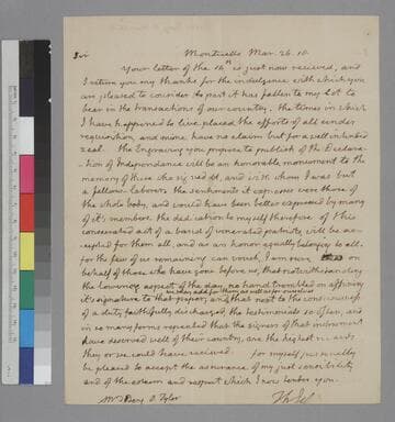 Thomas Jefferson, Monticello, letter to Benjamin O. Tyler