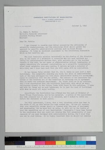 Carnegie Institute president Vannevar Bush writes to EPH regarding the administration of the Mount Wilson observatory