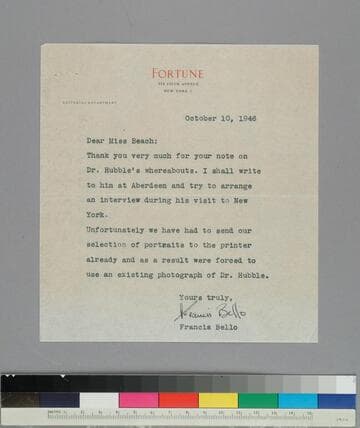 Francis Bello of Fortune Magazine writes to Alice Beach