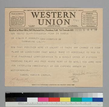 Samuel Harden Church, President of the Carnegie Institute, wires EPH asking if there have been any change in his plans regarding the director's position