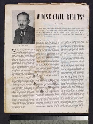 Article "Whose Civil Rights?" by Loren Miller - magazine has water damage and many pages are stuck together