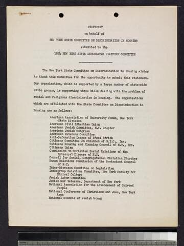 Statements, memo, and a speech by Charles Abrams, re: the New York State Committee on Discrimination in Housing