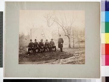 Veterans posing with John B. Bachelder at the 29th Ohio Infantry Monument, Gettysburg