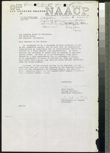 Letter and Analysis on LA Board of Education by NAACP, LA Branch