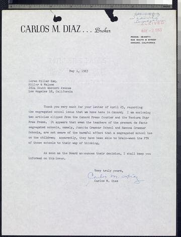 Two letters by  Diaz to Miller re: de facto segregation