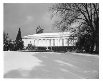Huntington grounds south of the library building after snowfall, January 11, 1949