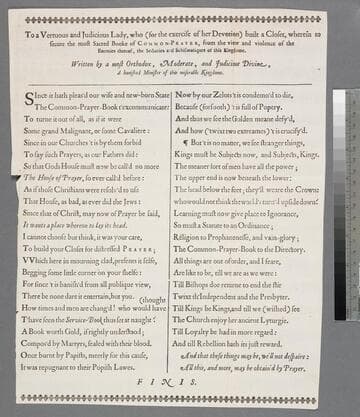 To a vertuous and judicious lady, who (for the exercise of her devotion) built a closet, wherein to secure the most sacred Booke of Common-Prayer, from the view and violence of the enemies thereof, the sectaries and schismatiques of this kingdome. Written by a most orthodox, moderate, and judicious divine, a banished minister of this miserable kingdome