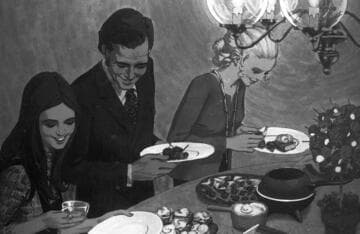 Drawings of people using energy conservation in the home while entertaining friends