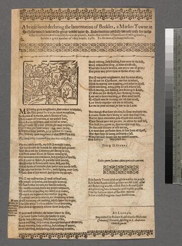 A briefe sonet declaring the lamentation of Beckles, a market towne in Suffolke which was in the great winde vpon S. Andrewes eue pitifully burned with fire to the value by estimation of tweentie thousande pounds. And to the number of fourescore dwelling houses, besides a great number of other houses. 1586. To the tune of Labandalashotte