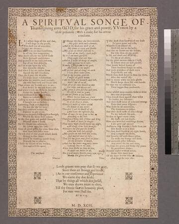 A spiritual songe of thankesgiuing vnto God, for his grace and power. VVritten by a close prisonner (with a coale) for his owne comforte
